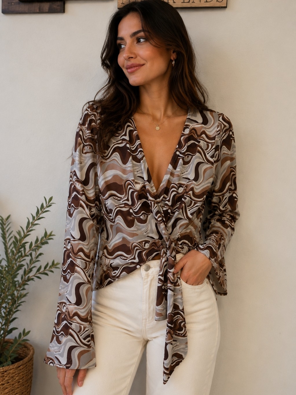 Tie-Front Brown Wave Print Blouse - Women